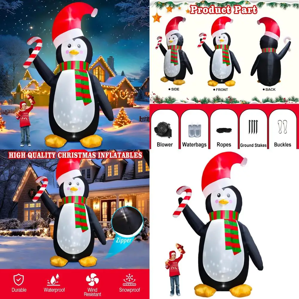 

Giant 12FT Inflatable Penguin in Santa Hat & Scarf with Candy Cane, LED Lighted Christmas Decoration