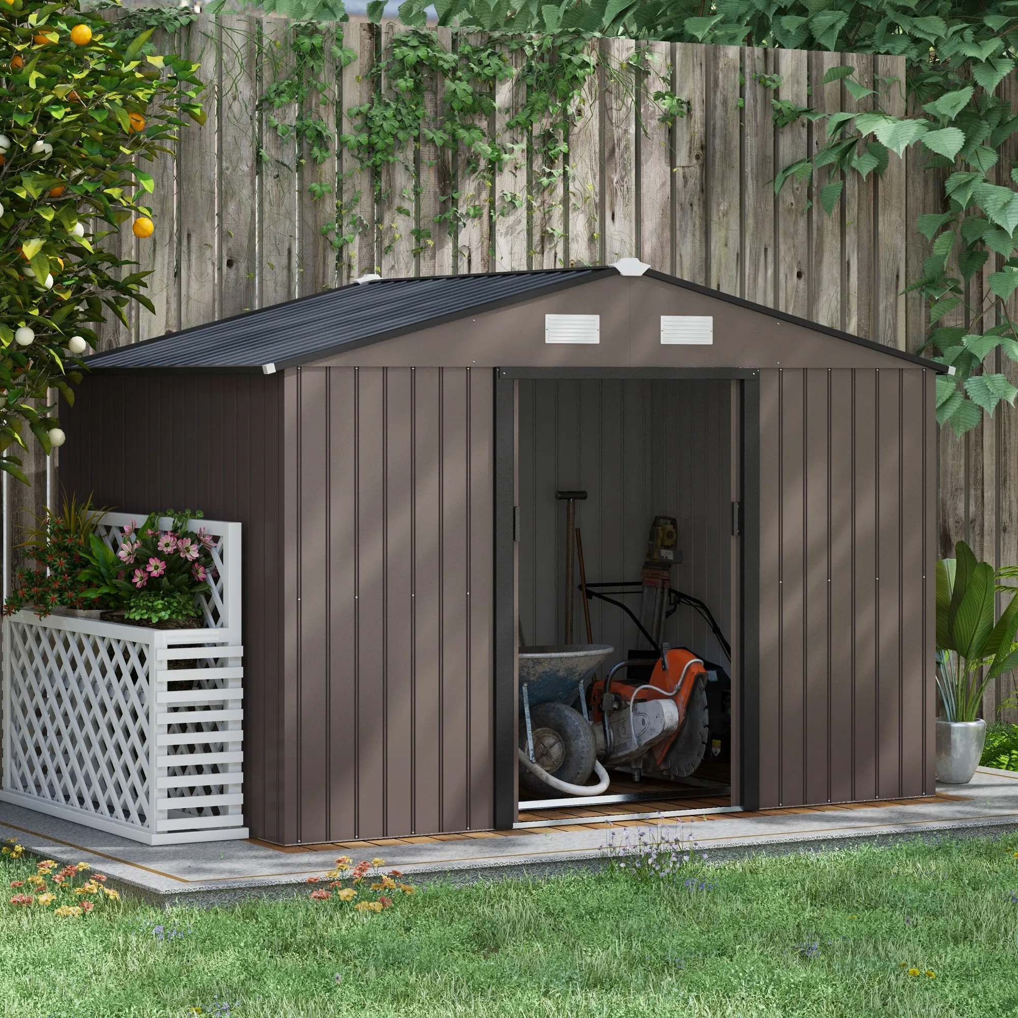 

9'X6' Steel Outdoor Utility Storage Tool Shed Kit for Backyard Garden Brown