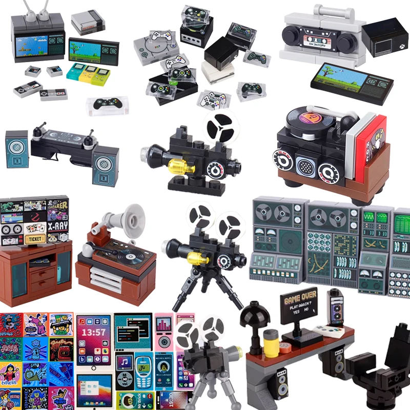 Moc City อุปกรณ์อิเล็กทรอนิกส์เกมคอนโซลคอมพิวเตอร์มินิทีวีมือถือบล็อกตัวต่อของเล่นตัวต่อตู้เพลงแล็ปท็อป