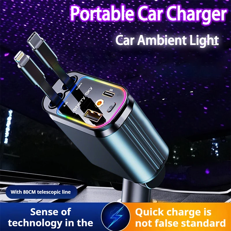 

4-in-1 Retractable Car Charger with Starlight Roof 120W USB-C Start Lightning for iPhone Samsung Car Adapter