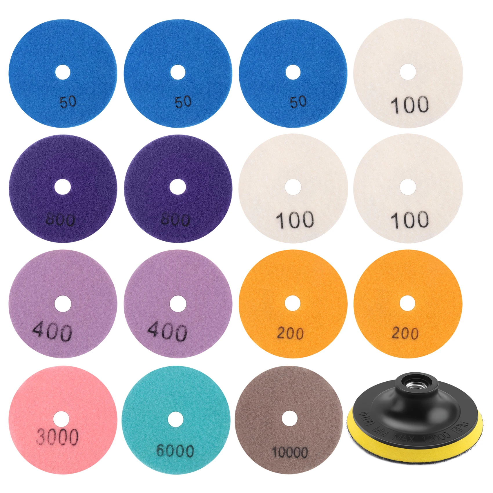 

B17B 16Pcs Diamond Polishing Pads Kit 4 Inch 100Mm Wet/Dry for Granite Stone Concrete Marble Polishing Use Grinding Discs Set