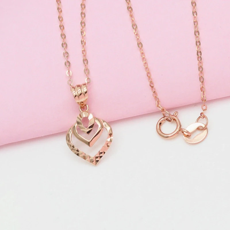 Colar de pingente de coração duplo 14K ouro rosa Clavícula Cadeia Jóias, 585, simples charme chapeado, design clássico, moda clássica