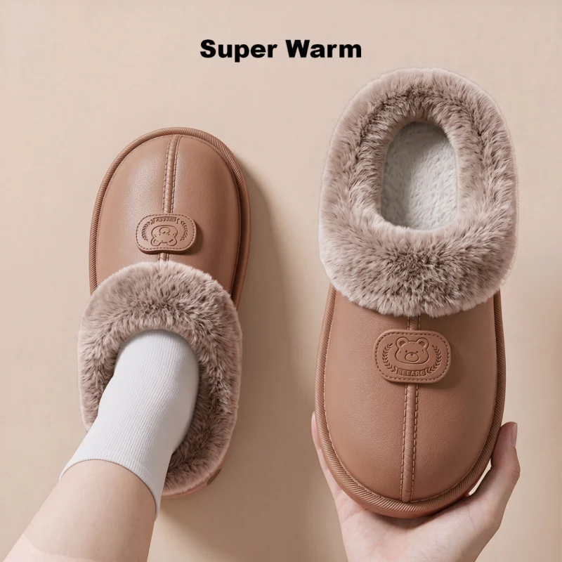 Closed Heel Warm Furry Winter Slippers, Bear Embroidery Ornament, Water-resistant PU Upper Soft Thick Sole Indoor Outdoor House