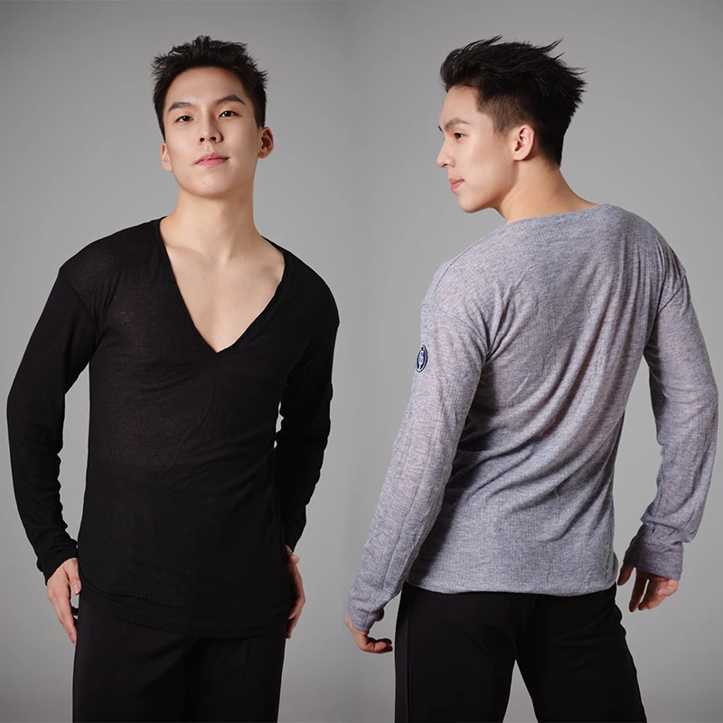 

Мужские топы для латинских танцев с длинными рукавами и v-образным вырезом, черная, серая футболка для взрослых, мужская румба, ча-ча, танцевальная тренировочная одежда, топы для сальсы DNV24361