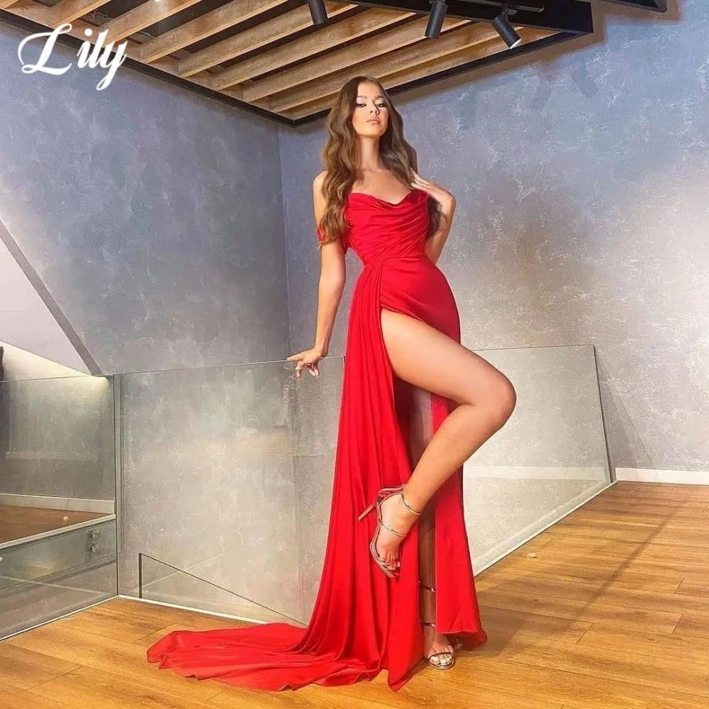 

Lily Red Sexy Prom Dresses Sweetheart Backless Formal Gown for Woman Satin Off the Shoulder Side Split Evening Dress Customized