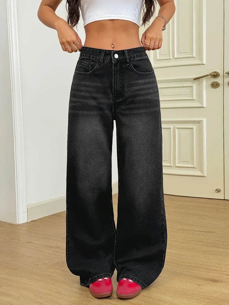 Spodnie jeansowe damskie Zjaiss, czarne, prosty krój baggy, vintage, z wysokim stanem, luźne, z szerokimi nogawkami, długie.