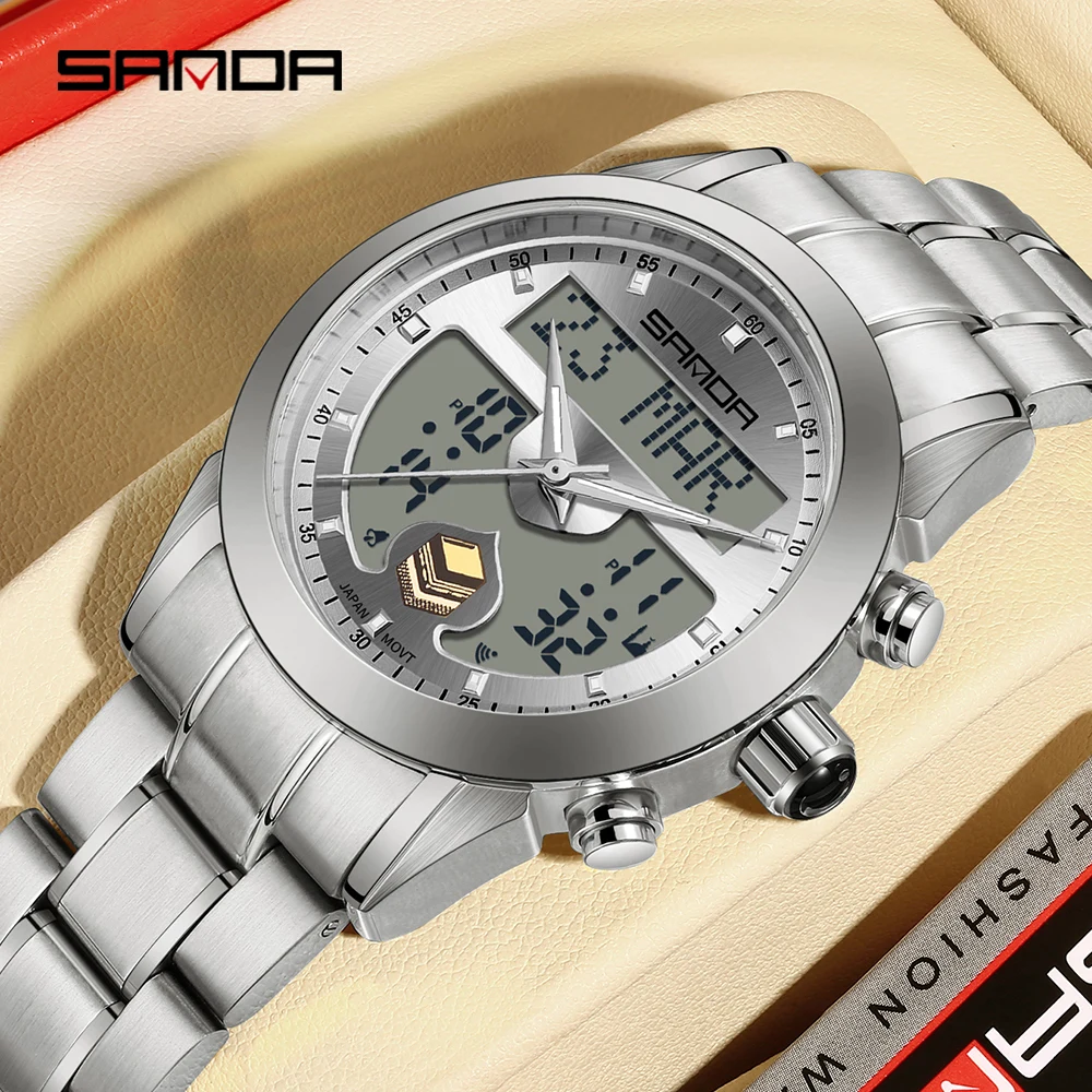 SANDA 6204 Men\'s Quartz Watch Fashionable and Elegant Arabic Tidal Indicator Fashionable Timing Steel Band Men\'s Watch