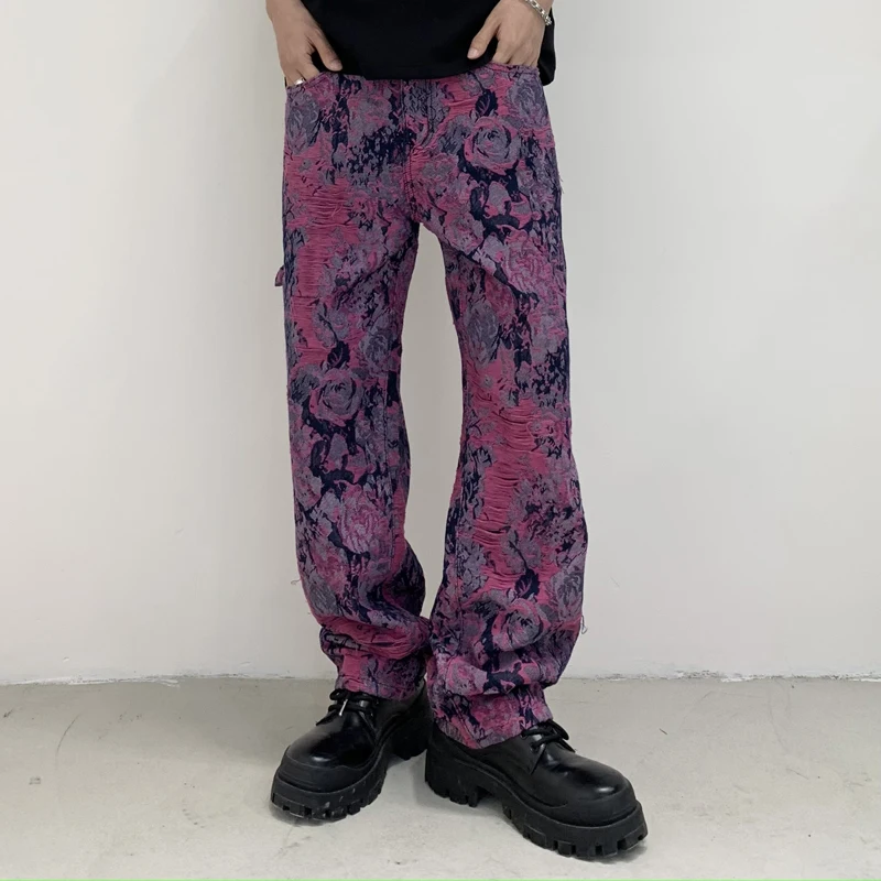 

Y2K Men's Streetwear Latest Design Jacquard Men's Purple Jeans Men's Printed Flip Fringe Straight Fit Jeans Full Length Pants