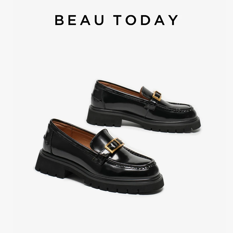 

BEAUTODAY Loafers Women Genuine Cow Leather Round Toe Metal Square Button Slip-on Fashion Ladies Flat Shoes Handmade 26438