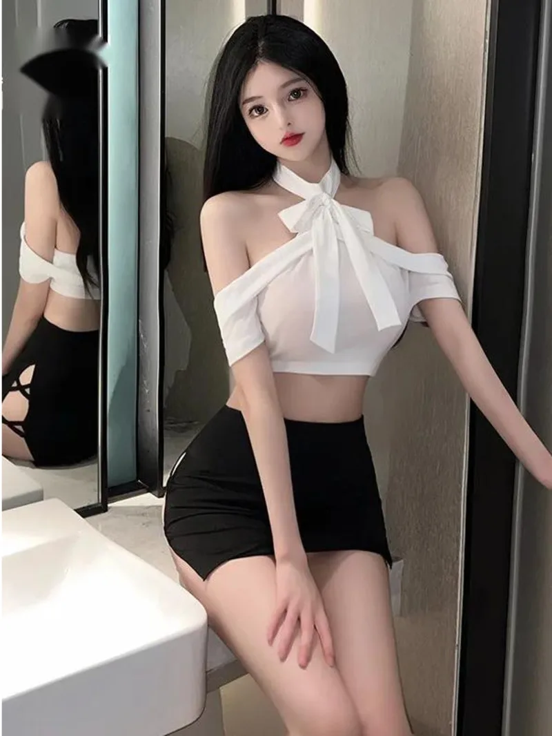 Summer Fashion Exotic Women's Clothing Round Neck Hanging Neck Strap Solid Color Secretary Uniform Bag Hip Short Skirt Set DV0T