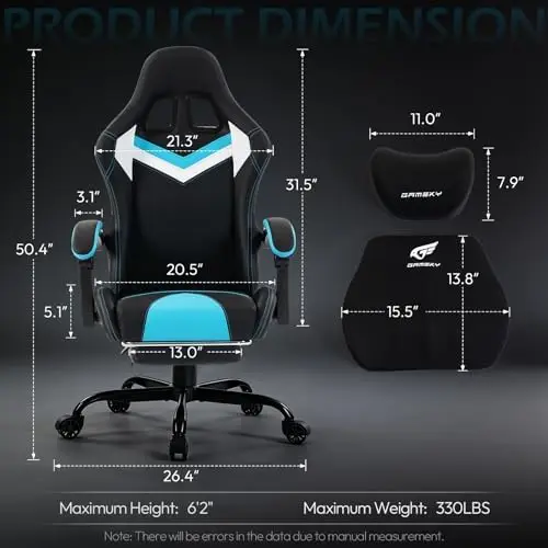 Ergonomic Gaming Chair for Adults, Black Blue | Comfy Video Game Chair with Footrest, Gamer Chair with Headrest and view 3