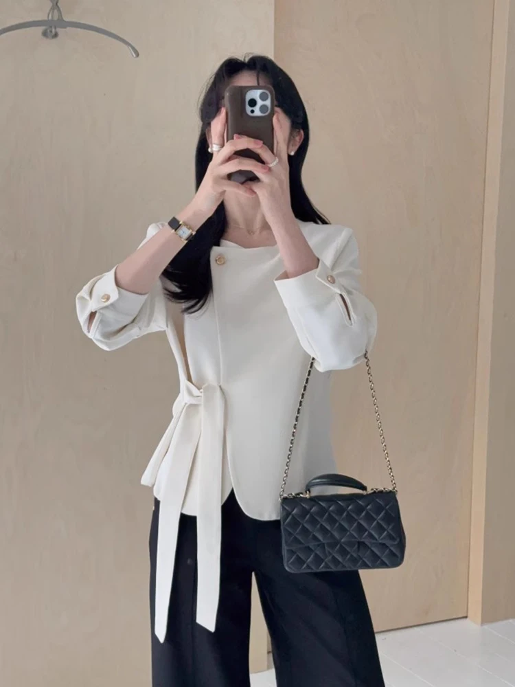 

Ele Spring round Ne Button Waist Cinch Design Versatile Color Long Sve Jaet Women's Faion Commute Sle