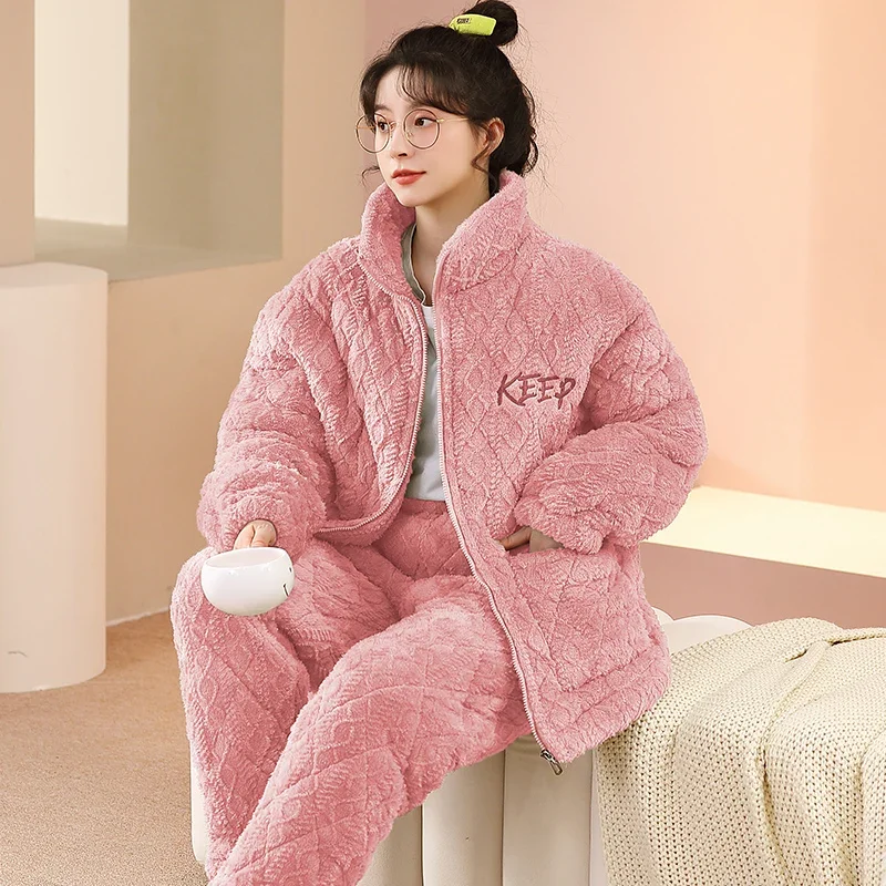 Thickened Warm Flannel Women's Sleepwear Coral Velvet Pajamas Loungewear Winter Zipper Girl Nightwear Homewear Sets Dropship