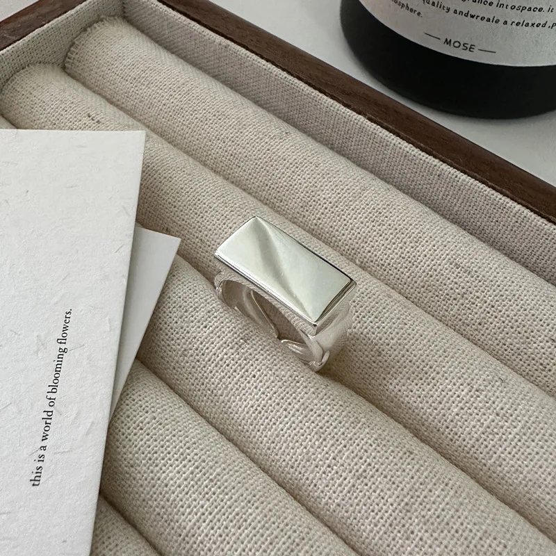 

S925 Sterling Silver Fine Ring Korean Style INS Fashionable Personality Simple Smooth Square Ring-Wholesale