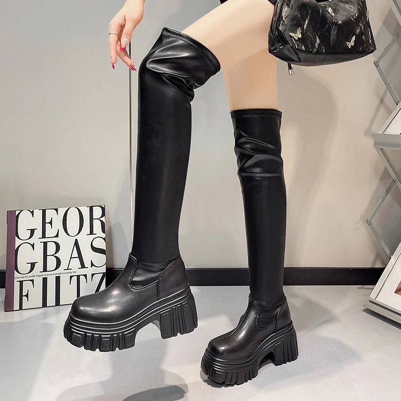 مثير فوق الركبة النساء الأحذية منصة عالية الكعب أحذية 2025 الشتاء الاتجاه الثلوج الأحذية فستان أحذية مكتنزة الدافئة عالية بوتاس Mujer #5