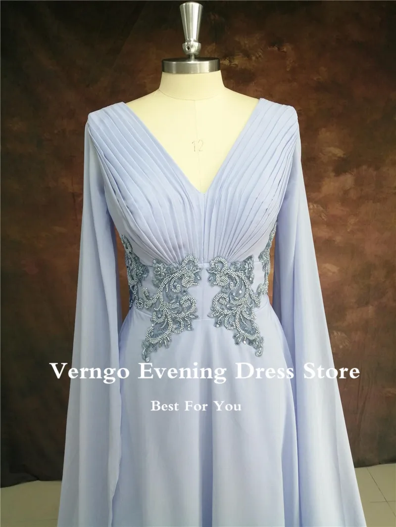 Verngo-Vestidos de baile de chiffon azul claro com mangas longas, gola V, aplique de renda, até o chão, vestidos femininos, elegante