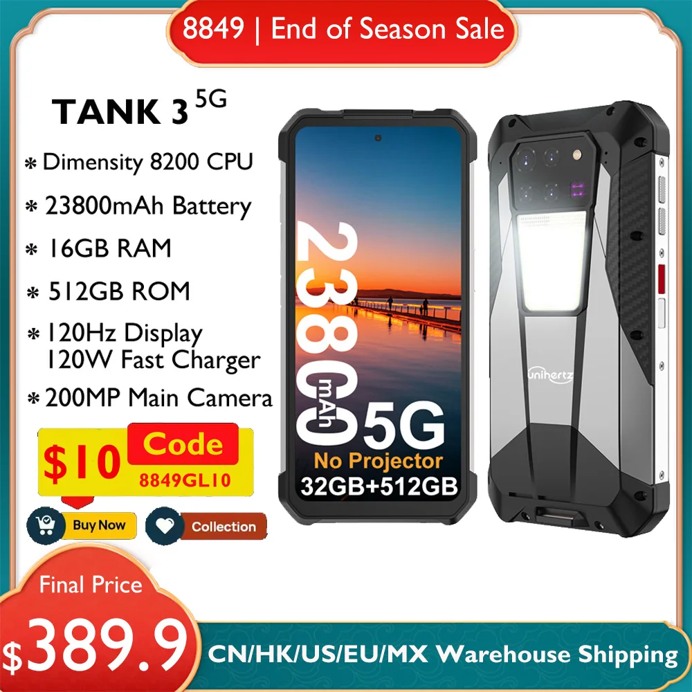 

8849 Tank 3 Rugged Smartphone 32GB 512GB 23800mAh 120W Dimensity 8200 5G 200MP 120Hz Outdoor Light Wifi 6 GPS Dual Band