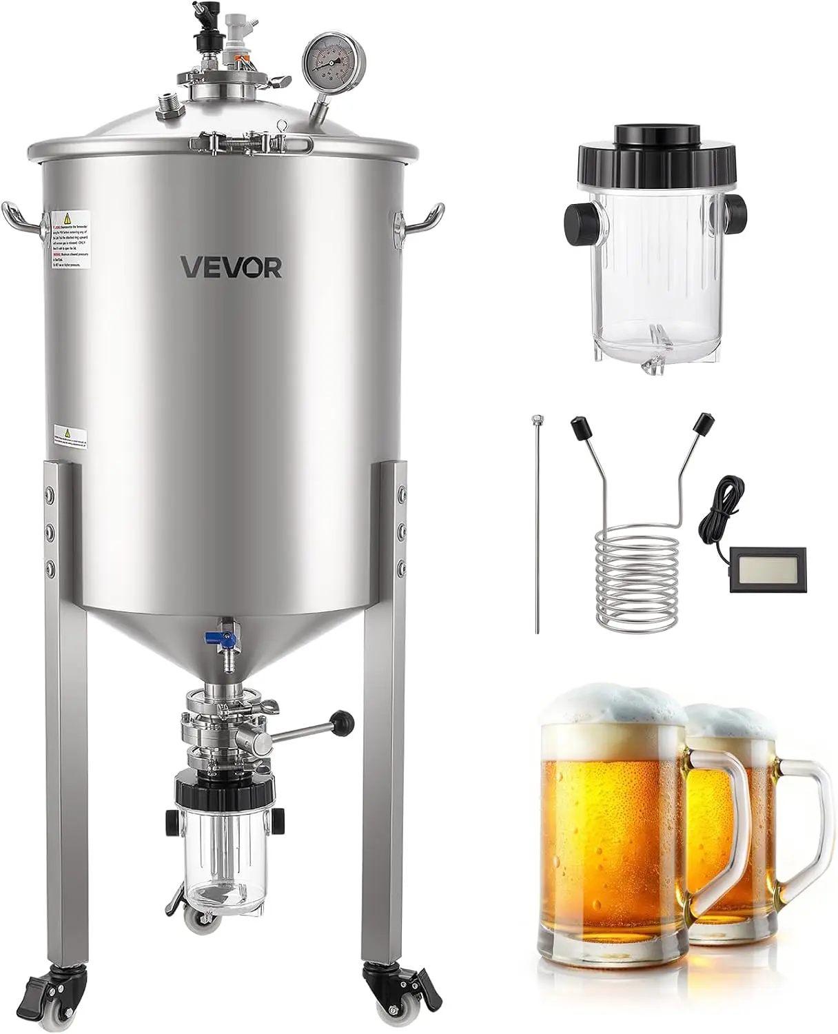 Pressure Fermenter 15 PSI, 16 Gal/60L All-in-One Stainless Steel Conical Secondary Fermentation Bucket, with Cooling Tube, Yeast