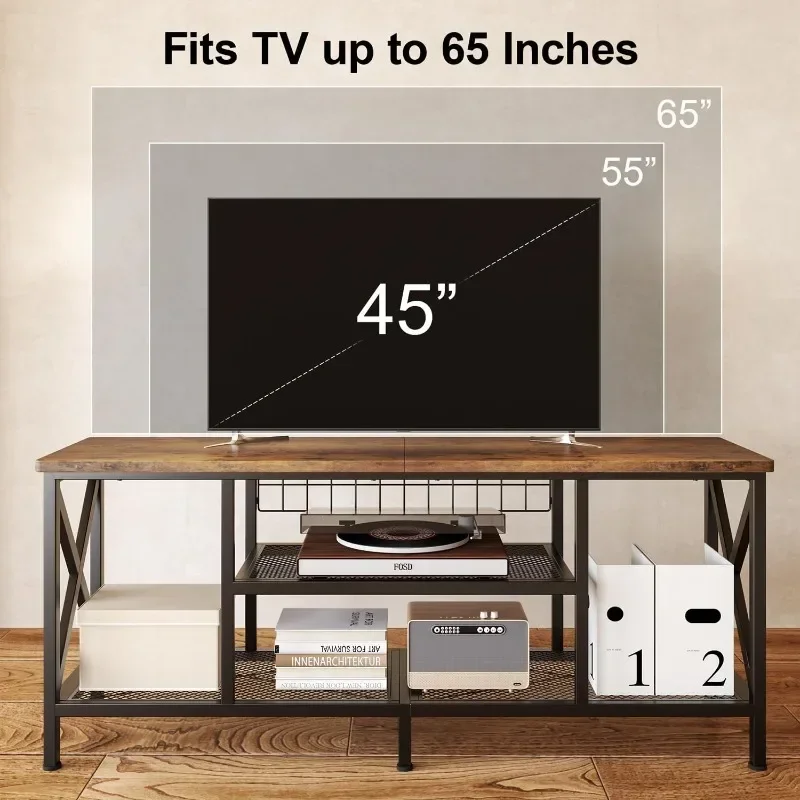 

59.8" Industrial TV Stand for 55-65 Inch TVs, Rustic Brown, 3-Tier Media Entertainment Center with Open Shelves, Metal Frame