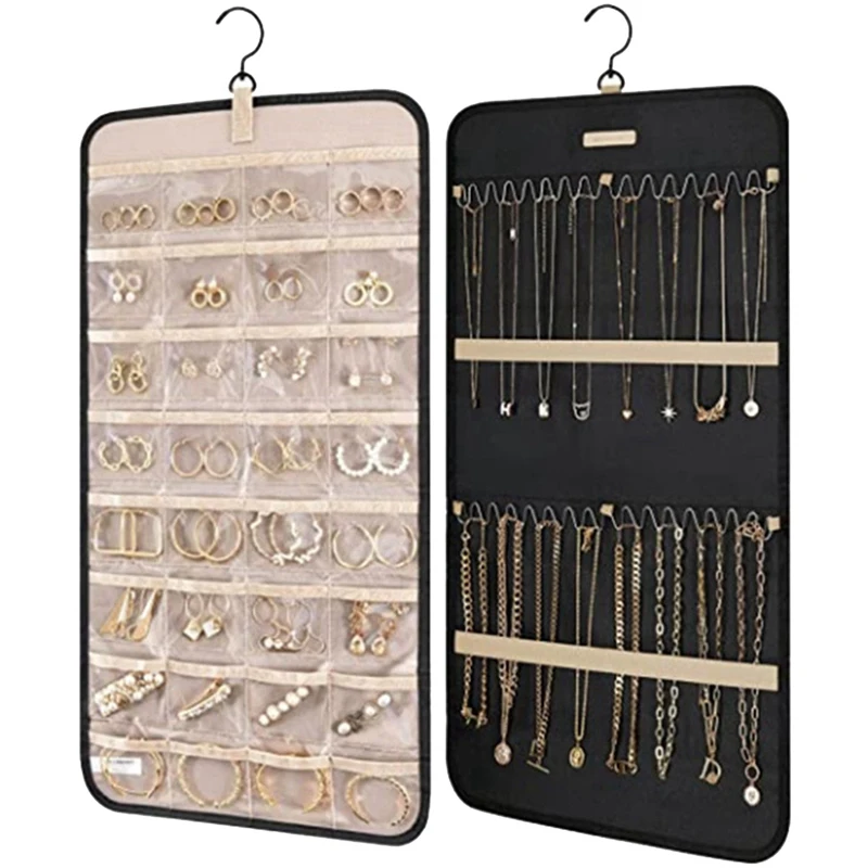 Hanging Jewelry Organizer, Necklace Holder Anti-Tangle Earrings Rings Hanger With Pockets Hang On Closet, Wall, Door