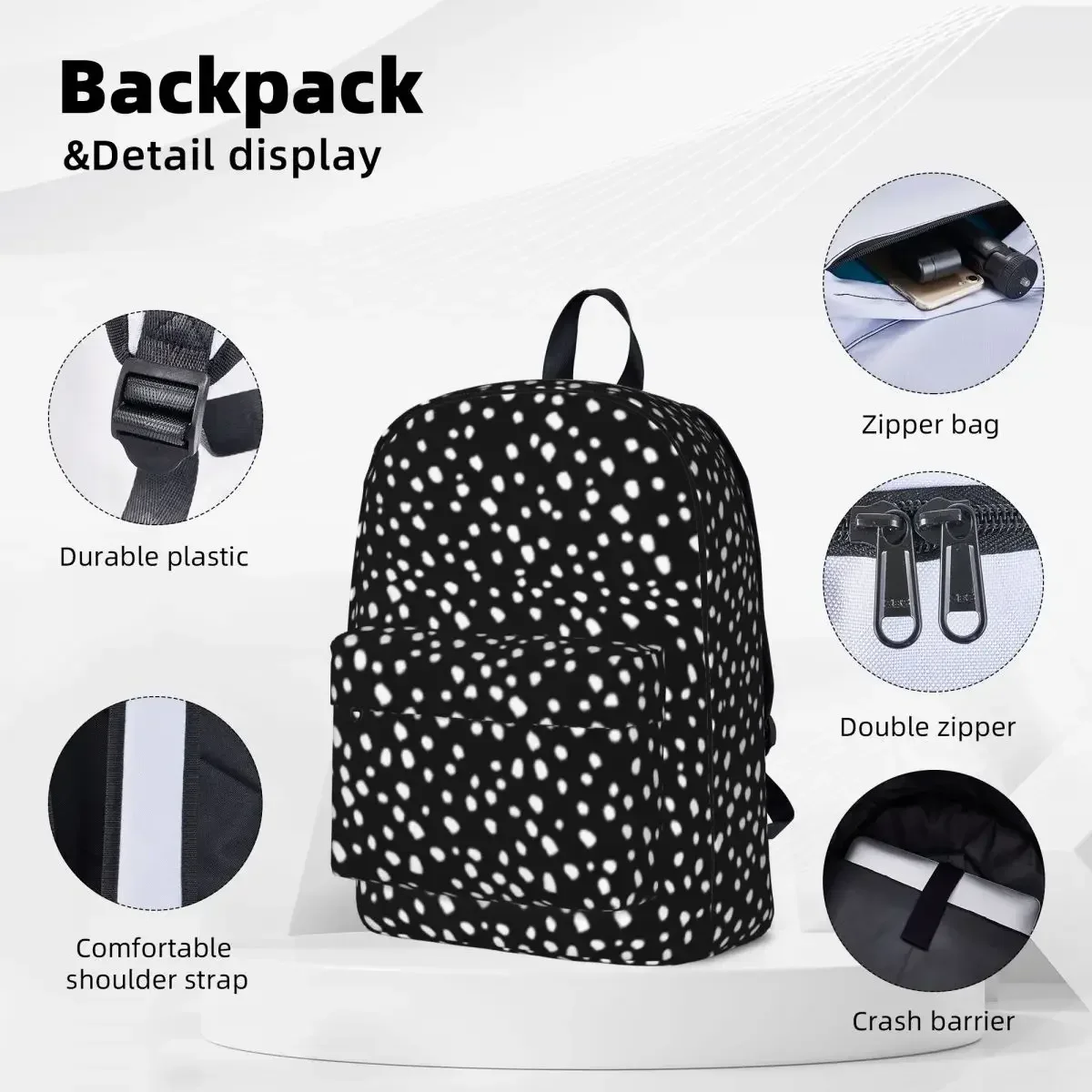 White Dots On Black Backpack Waterproof Student School Bag Laptop Rucksack Travel Rucksack Large Capacity Bookbag