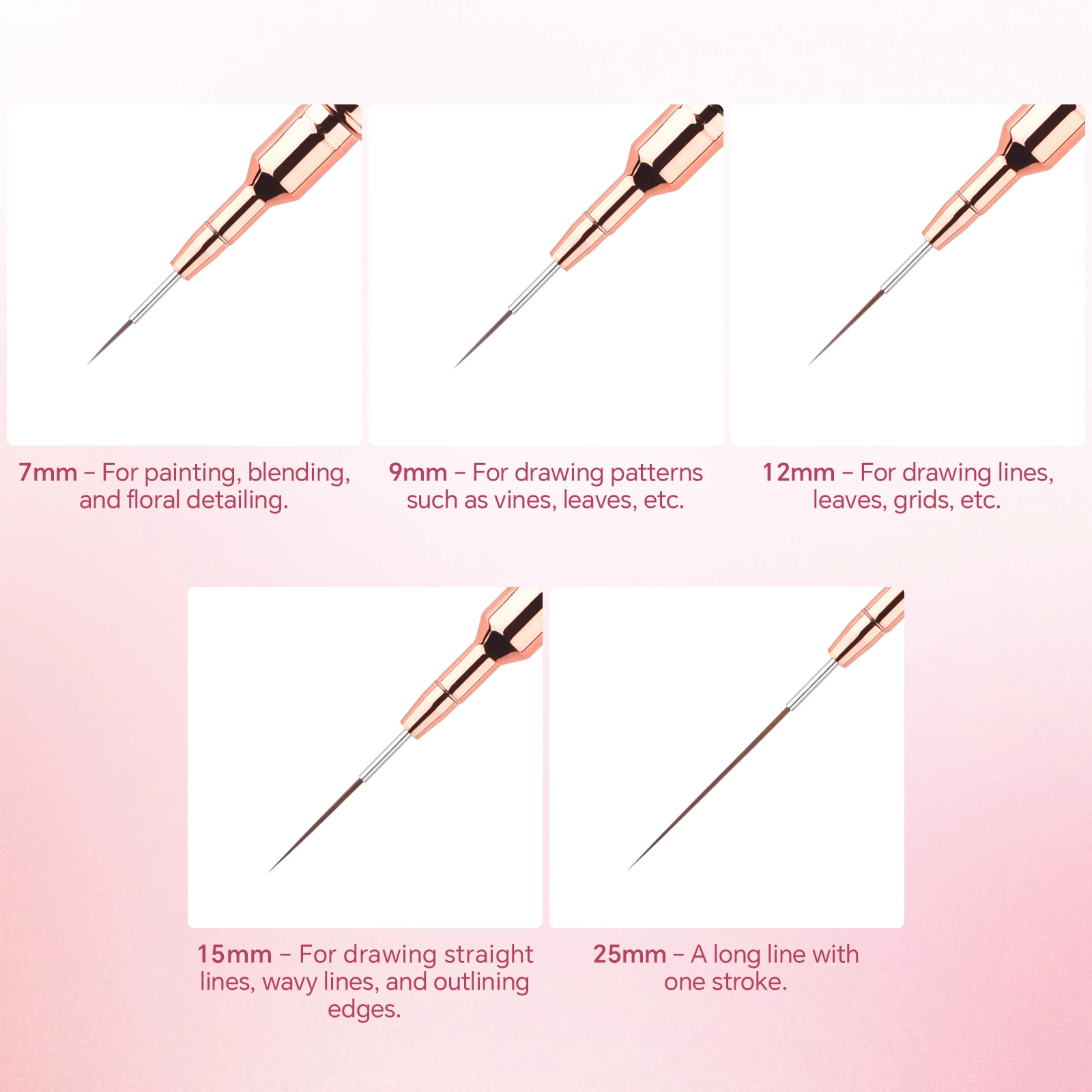 Nail Art Liner Brushes Set 5Pcs/Set Pink Professional Elongated Lines Striping Drawing Painting Nail Design Pen Manicure Tool