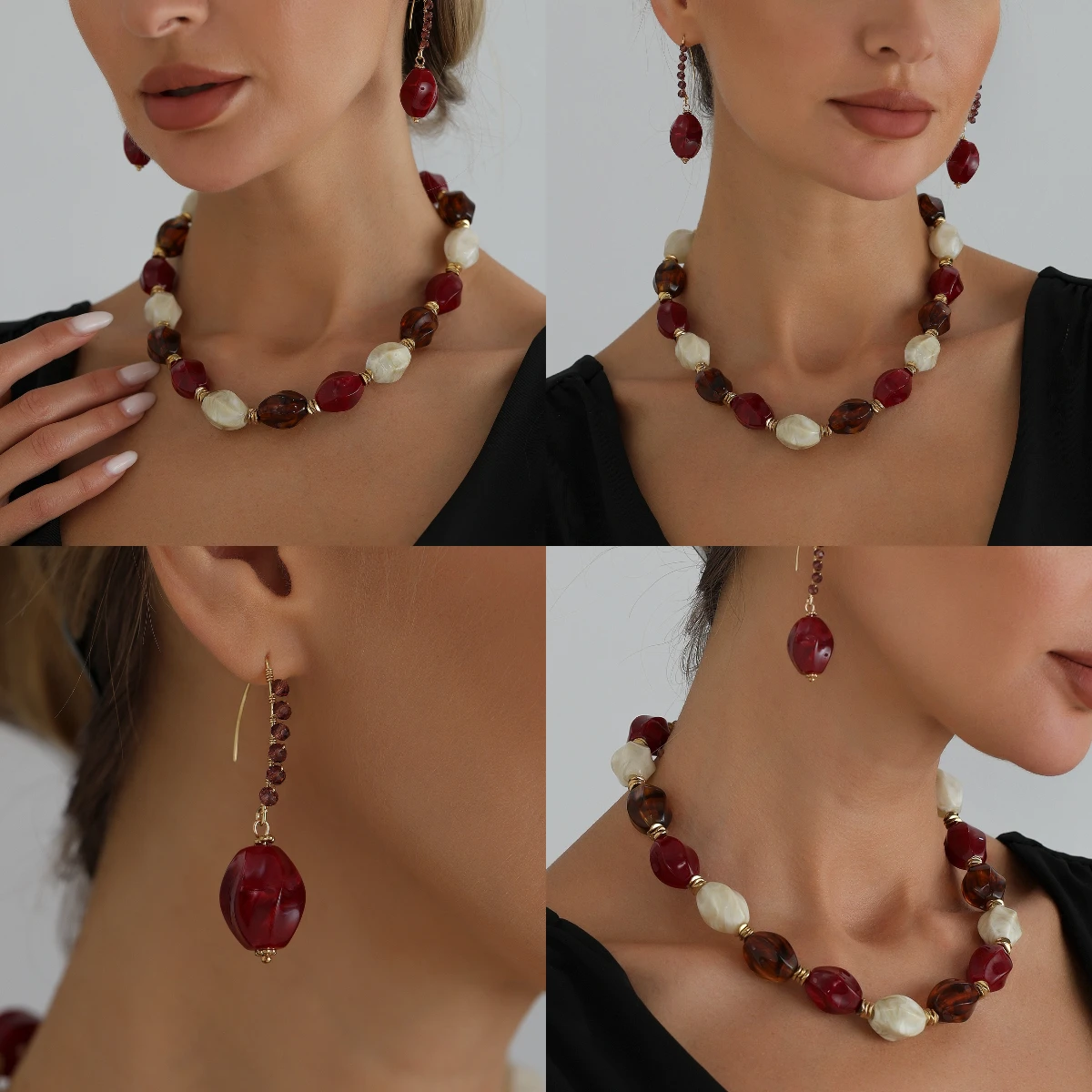 Cross border jewelry retro simple acrylic color blocked bead necklace, personalized dopamine versatile accessory