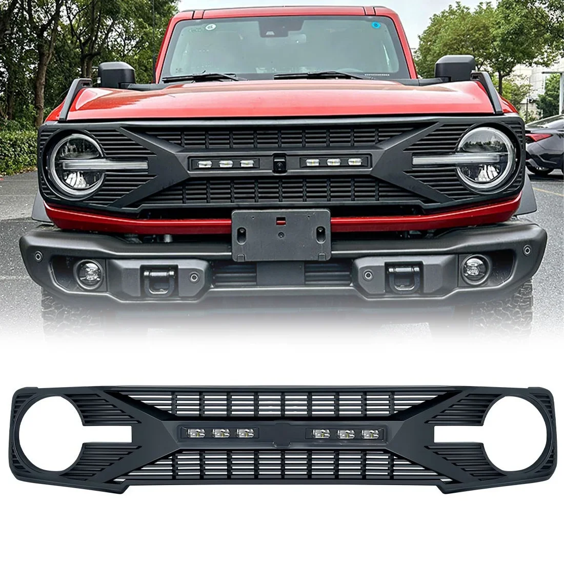 Car Grills Front Bumper Grille Grill For 2021 2022 2023 Ford Bronco 2/4 Door 2.3L 2.7L with Off-Road Lights ABS