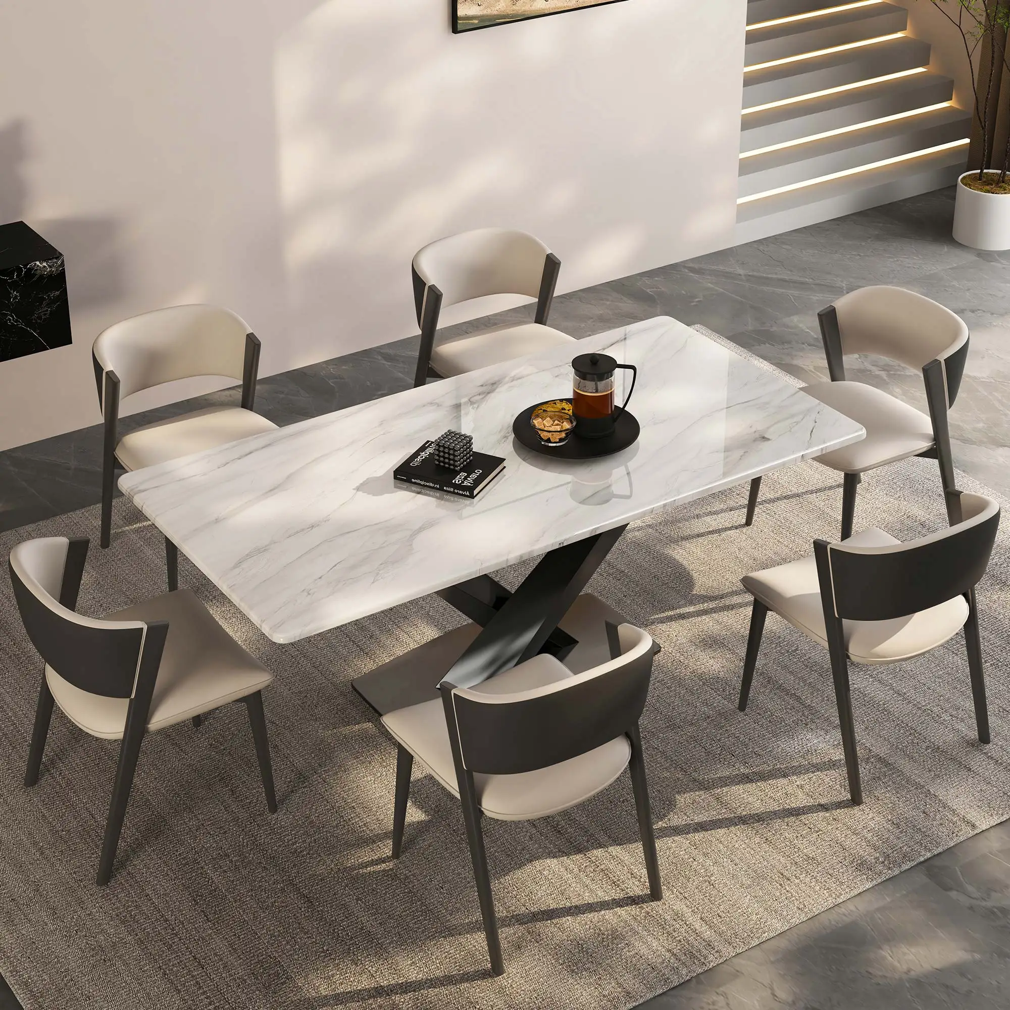 Italian Modern Simple Style Rectangular Rock Slab Dining Table Living Room Microcrystalline Stone Dining Table Chair Combination