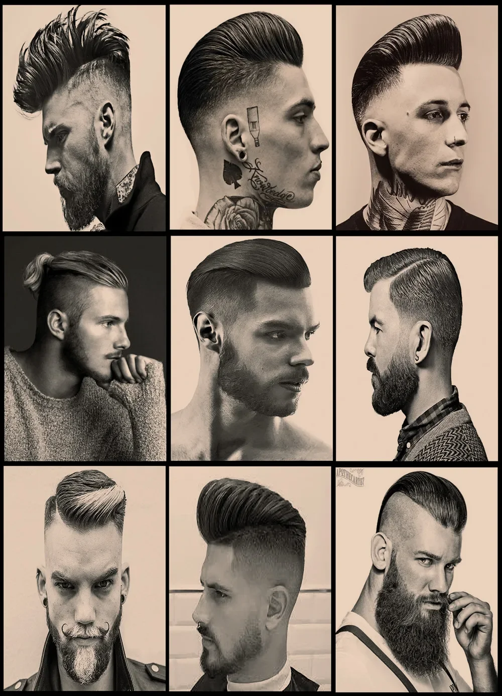 Barber Shop Ad Signboard Vintage Kraft Paper Print Art Wall Decor Painting Haircut and Shave Men's Hairstyles Poster Wall Charts