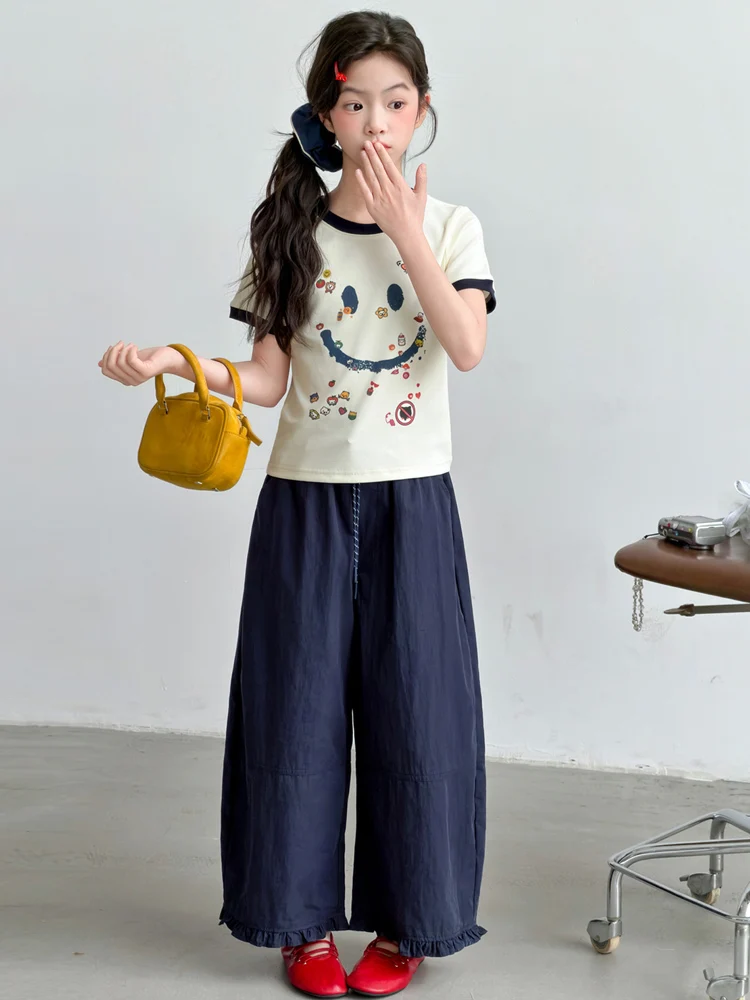 女の子半袖tシャツ夏ルーズワイドレッグパンツセット韓国風通気性軽量綿ポリエステル混紡