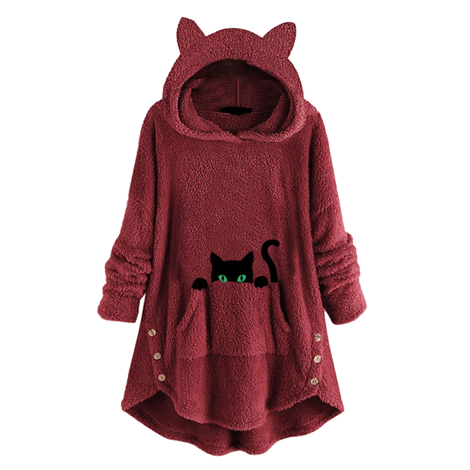 Women\'S Fall/Winter Long Sleeve Cat Ear Hoodie Pullover Hoodie Wool Cute Printed Top Female Sweatshirt Loose Sweatshirt