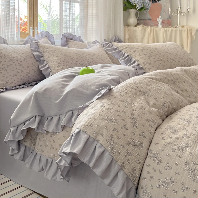 Comfortable Puff Yarn Bedding Set Flower Print Bedclothes with Lace Duvet Cover Set with Bedsheet for Home Bedding Set 이불세트