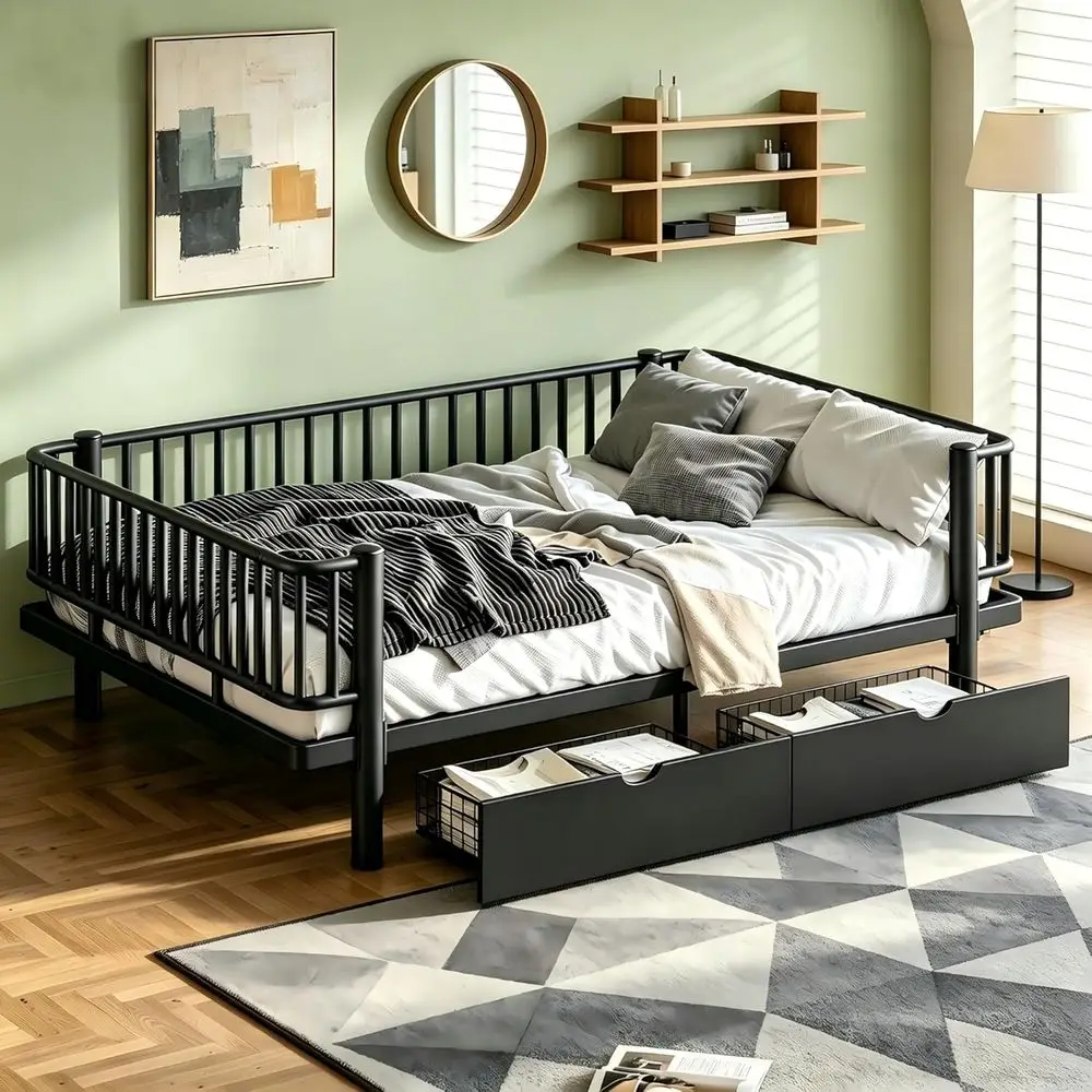 emave Metal ull Daybed e with Storage Ders & Detachable ence, Can be Transormed into Platorm Bed, ull Size Daybed with Upgraded