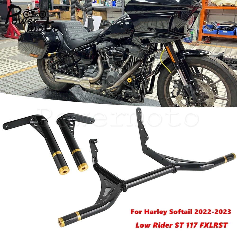 1Set Motorcycle Engine Front Crash Bar Rear Saddlebag Bumper W/ Gold Slider End Cover For Harley Low Rider ST 117 FXLRST 2022-24