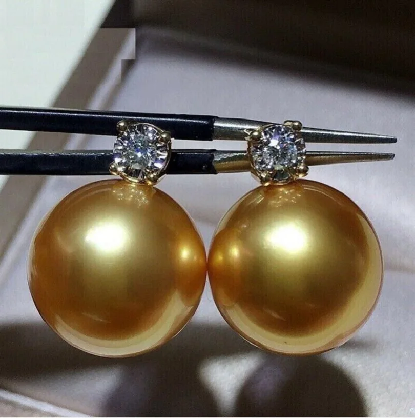 

AAAA++++ Gorgeous Huge 10-11mm Round South Sea Golden pearl earring 18K