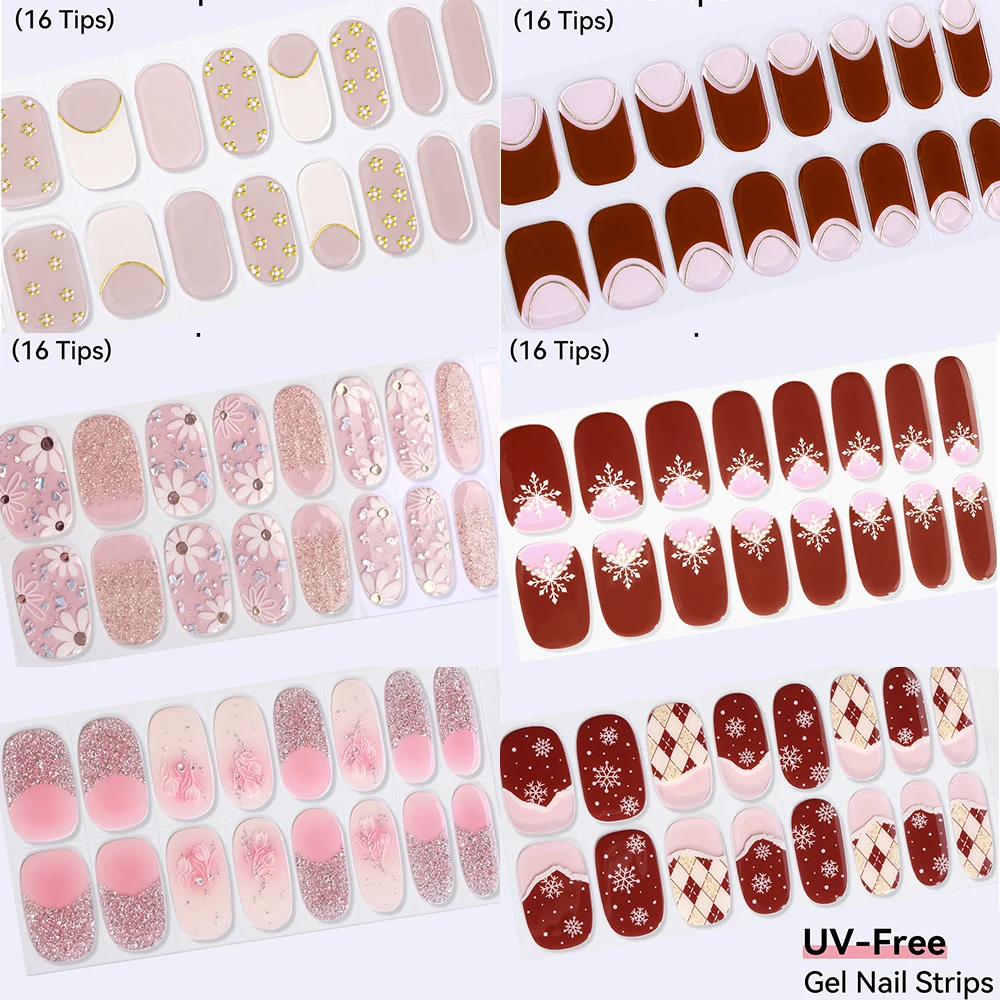 16 puntas de pegatinas de uñas de Gel sin rayos UV francesas, color rosa y rojo, brillante, cobertura completa francesa, tiras de esmalte de uñas en Gel, decoración de manicura