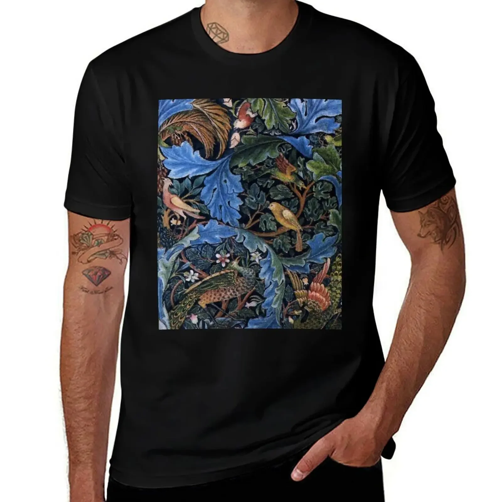 WOOD ANIMALS, BIRDS ,PEACOCKS IN BLUE GREEN LEAVES,FLORAL SWIRLS T-Shirt vintage clothes quick-drying customs mens clothes