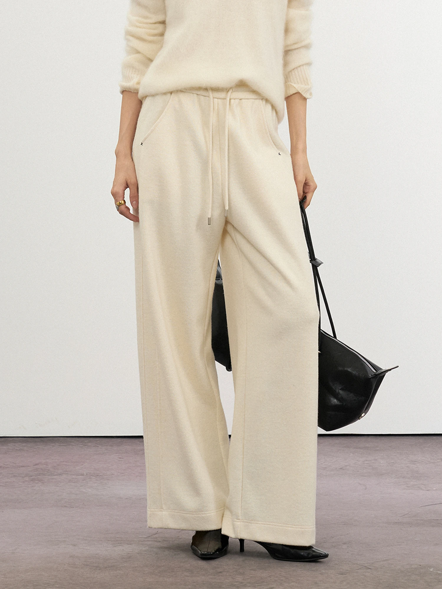 

CLMX Casual Pants Elastic Waist Wool Blend Double Layer Knitted Fabric Autumn Winter Wide Leg Long Pants Ladies Straight Leg