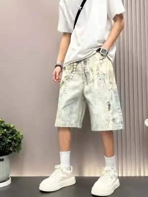3D Candy Chain Print Baggy Jeans Shorts for Men Streetwear Summer Wide Leg Patchwork Casual Loose Knee Length Pants ﻿