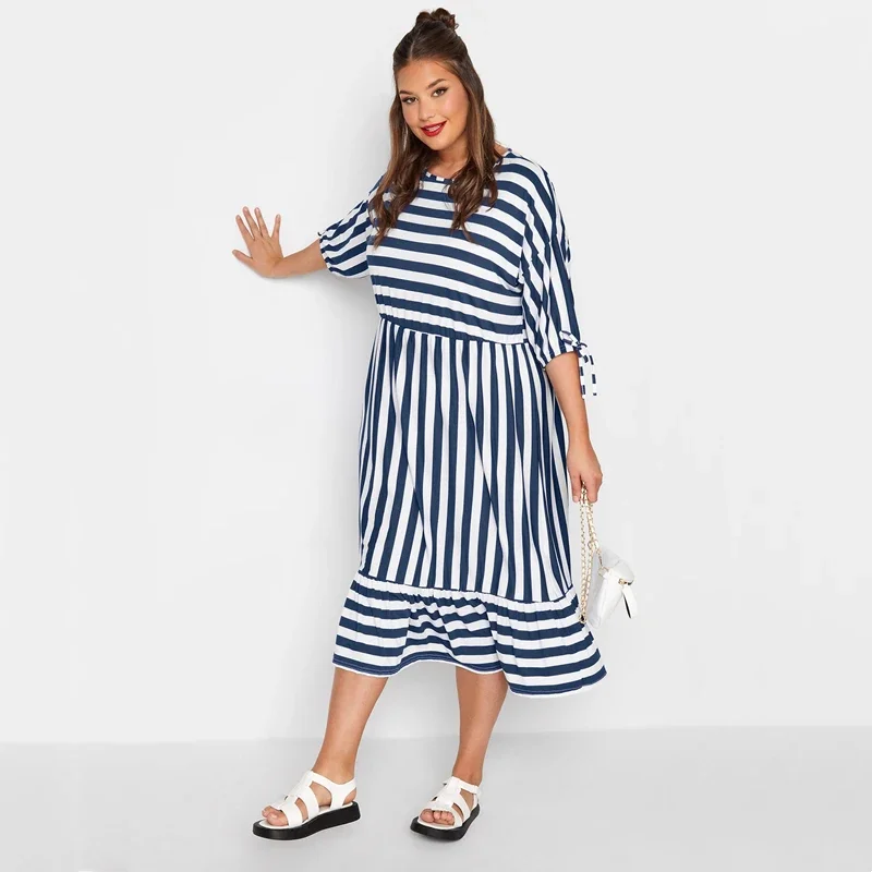 Plus Size Summer Elegant Striped Smock Dress Women Loose 3/4 Tie Sleeve Frill Hem Party Dress Casual Midi Maxi Tiered Dress 8XL