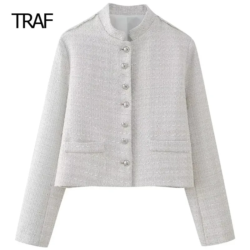 

TRAF Tweed Textured Coat Women Bomber Jacket Spring Summer 2024 O-Neck Long Sleeves Top New In Jackets Elegant Coat New Arrivals