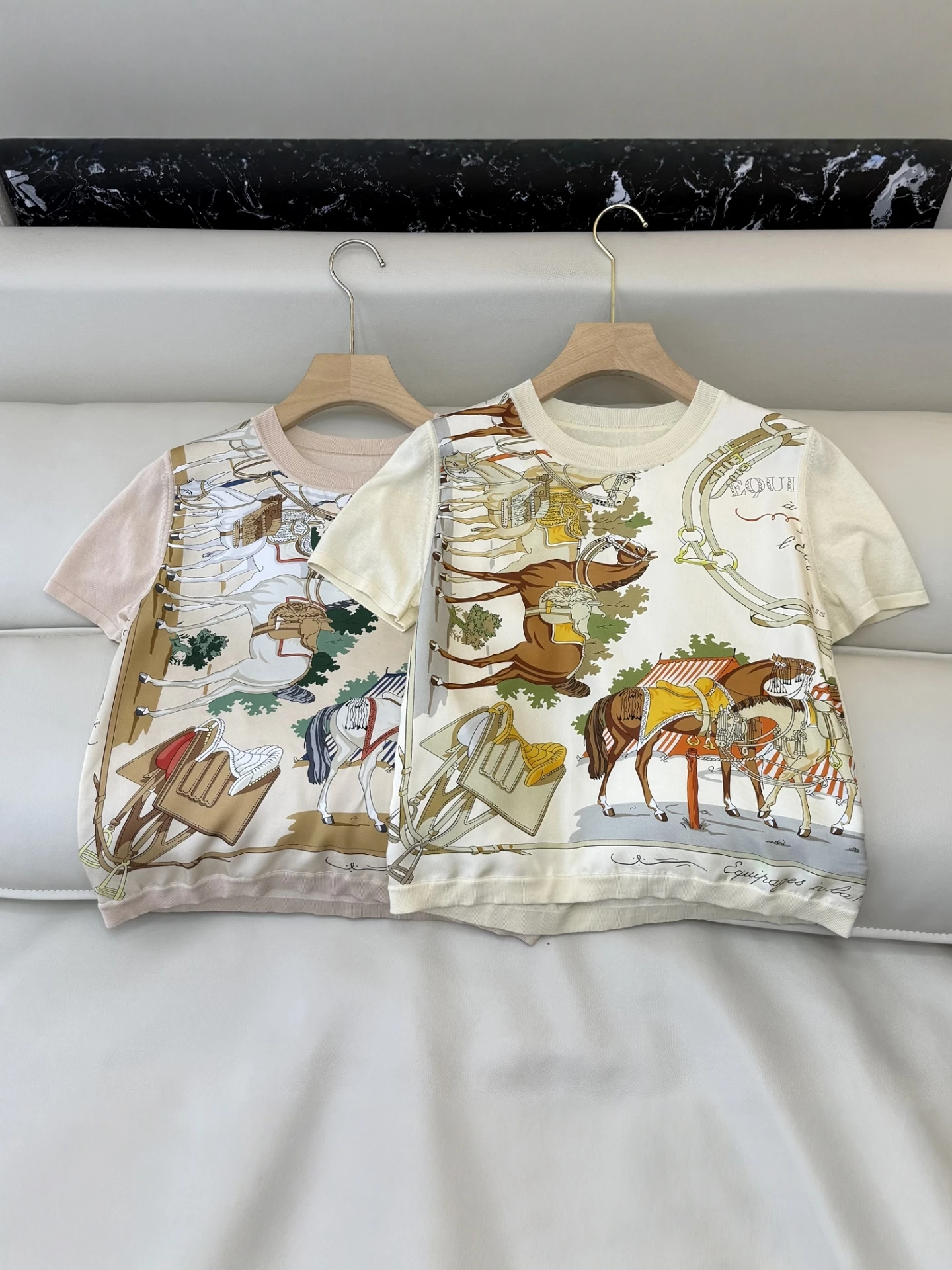 Summer New Arrival Women's Short Sleeve Knitted Shirt Silk Splicing Print Pattern Casual Style Comfortable Breathable Soft Silk