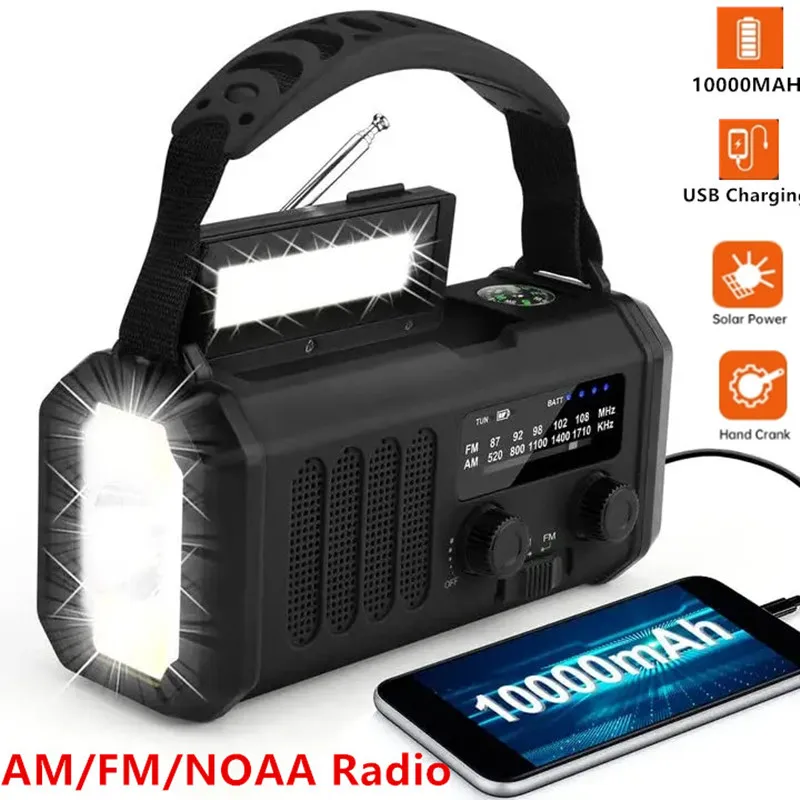 Multifunctional Portable Solar Radio Flashlight Hand Crank Emergency Power Generation USB Charging 10000mAh Battery