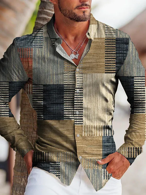 เสื้อยืดแขนยาวลายทางลำลองสำหรับผู้ชาย ระบายอากาศได้ดี สบาย ผลิตจากเส้นใยโพลีเอสเตอร์ ปิดด้วยกระดุมที่ปก ทรงปกติ