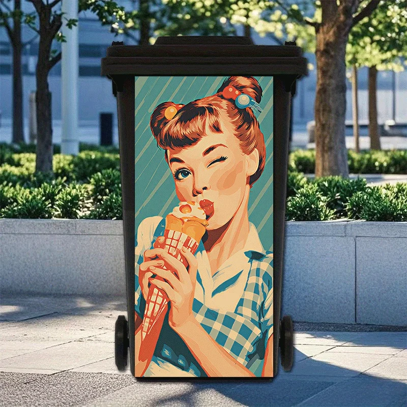 1 piece: Retro Pop Art Style Girl Eating Ice Cream Trash Can Sticker (2D Flat)