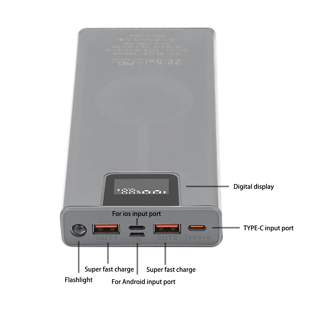 22.5w Fast Charging 8*18650 Battery Storage Case Digital Display Soldering Free Detachable Mobile Power Supply Box With Light