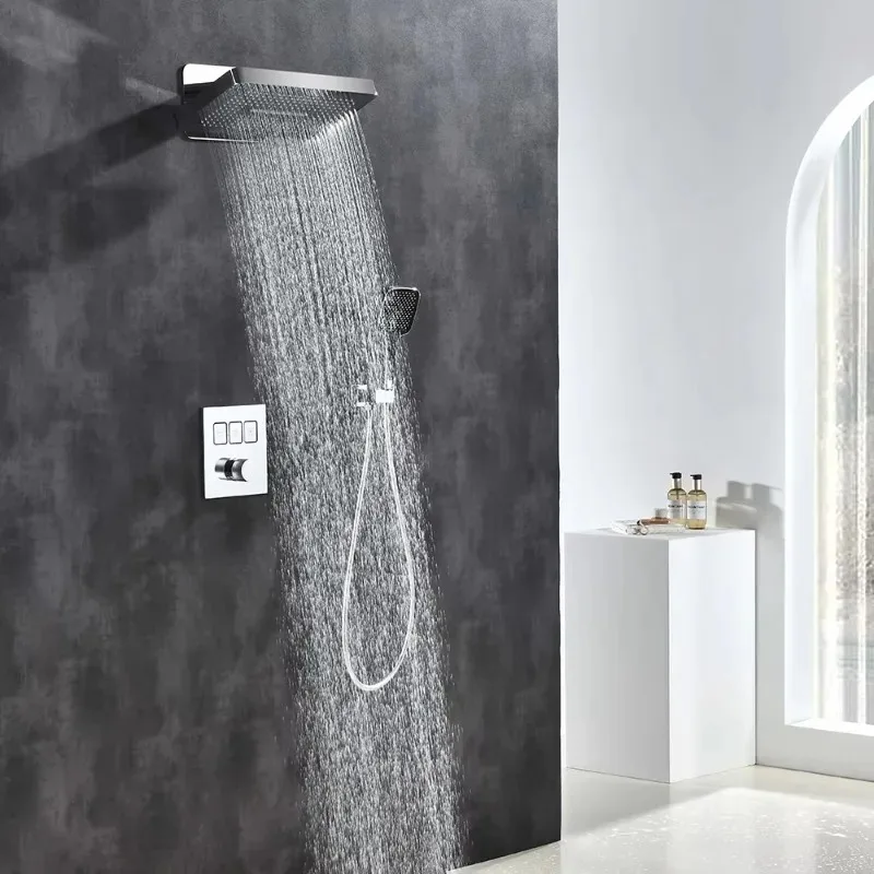 

Wall Mounted Shower Head Set with Ceramic Thermostatic Valve Slide Bar Brushed Finish Pause Massage Spray Modes for Bathroom