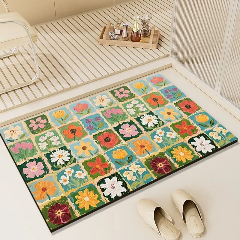 VIKAMA Checkered Floral Bathroom Mat Absorbent Non Slip Diatomaceous Earth Door Rug Home Decor