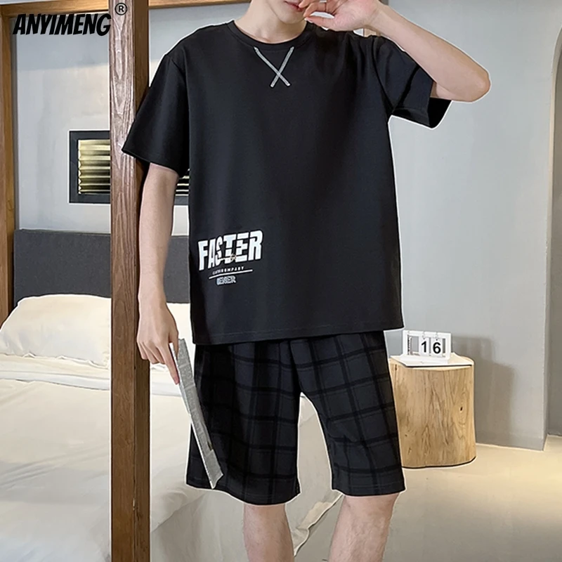 Summer Cotton Short Sleeved Men\'s Pajamas Set Male Sleepwear Plaid Pants Pajama for Men L-3XL Pajamas for Men Soft Pijamas